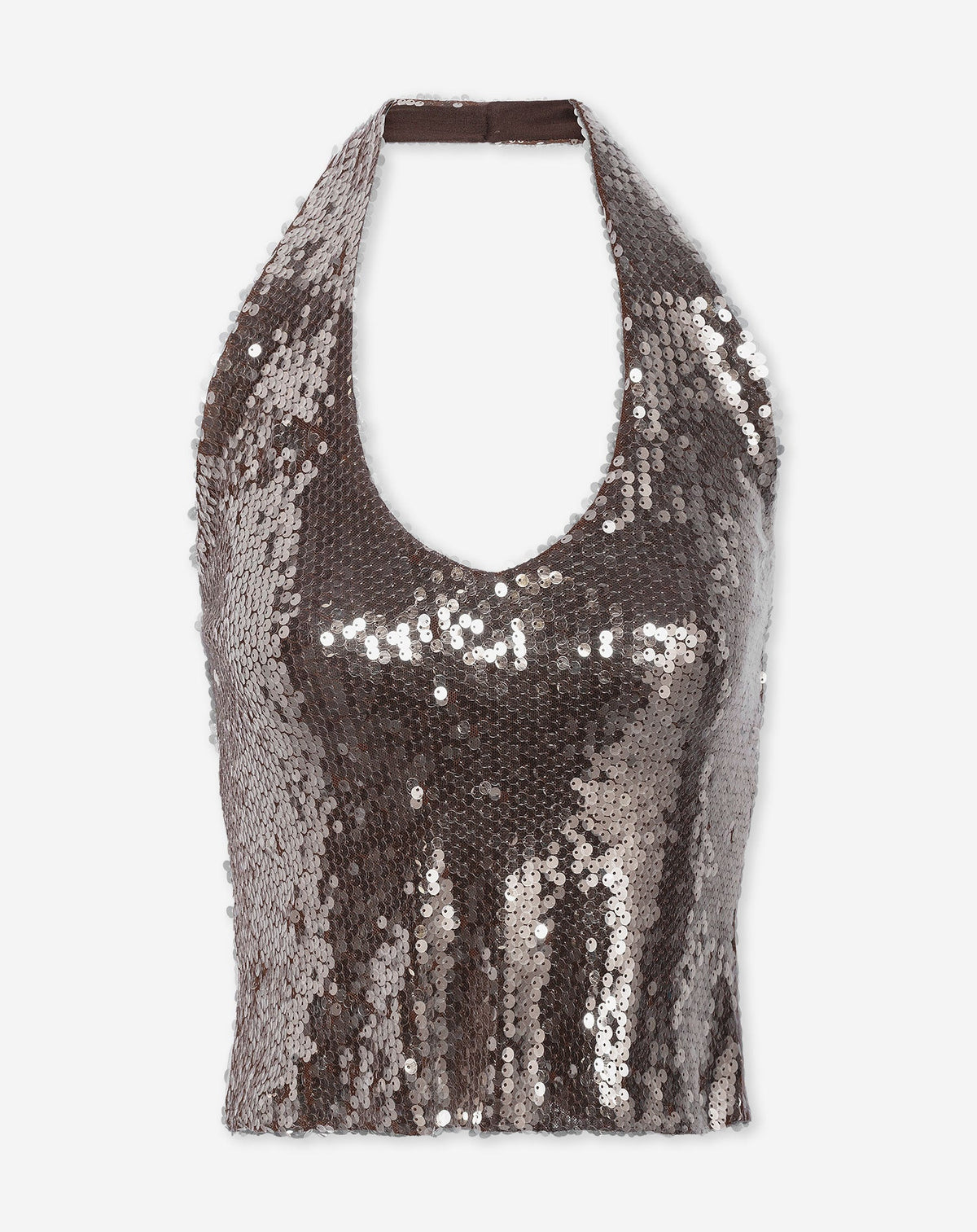 TOP HALTER TRANSPARENTE CON LENTEJULAS, MARRÓN