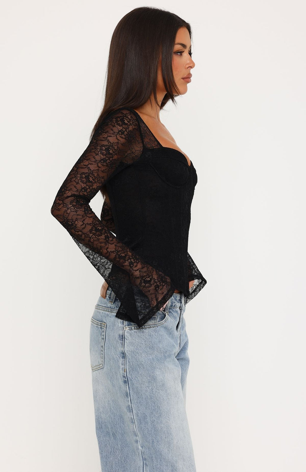 Bustier de Encaje de Manga Larga Midnight Rose Negro