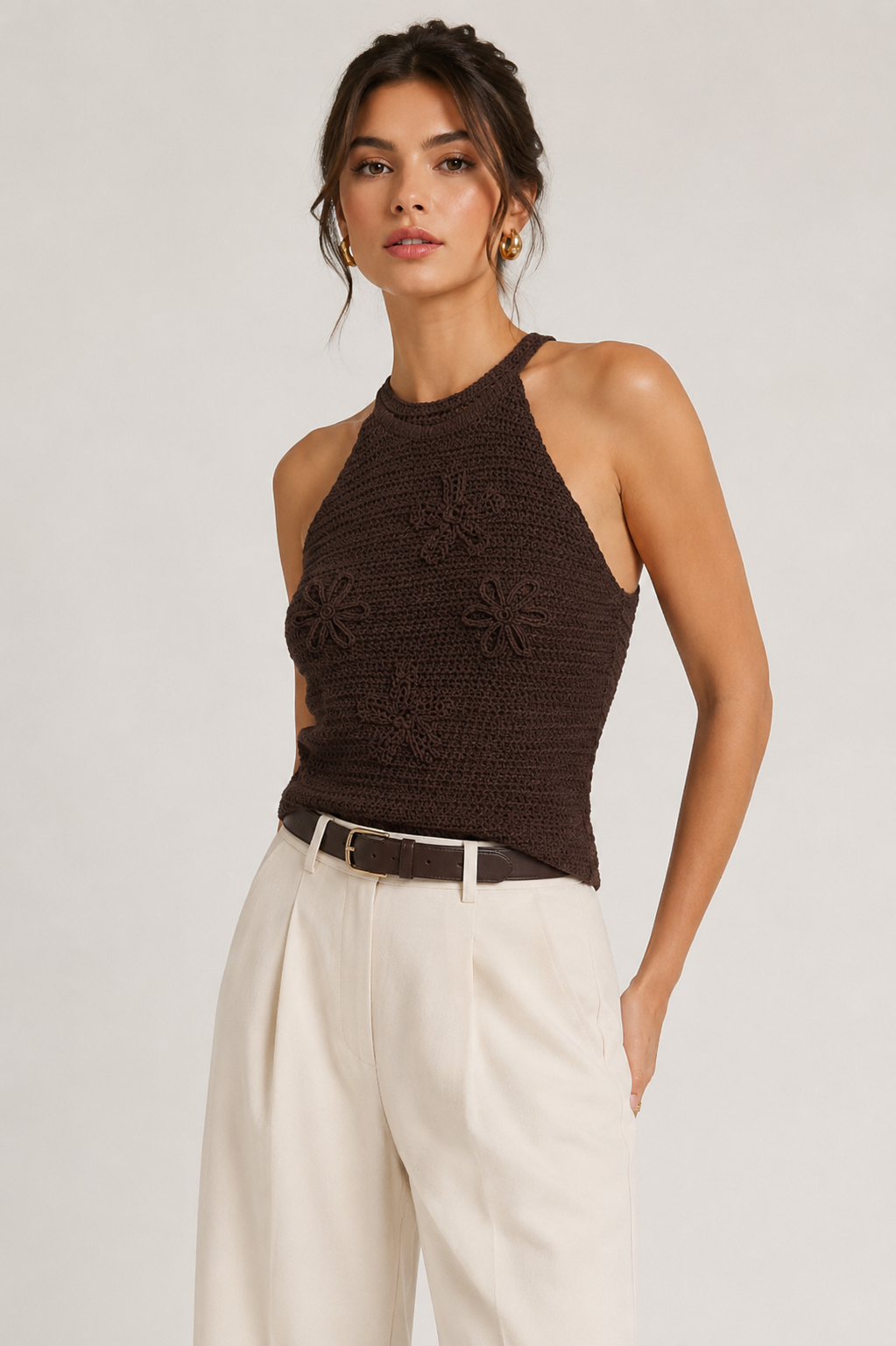 FLOWER CROCHET HALTER TOP BRUIN