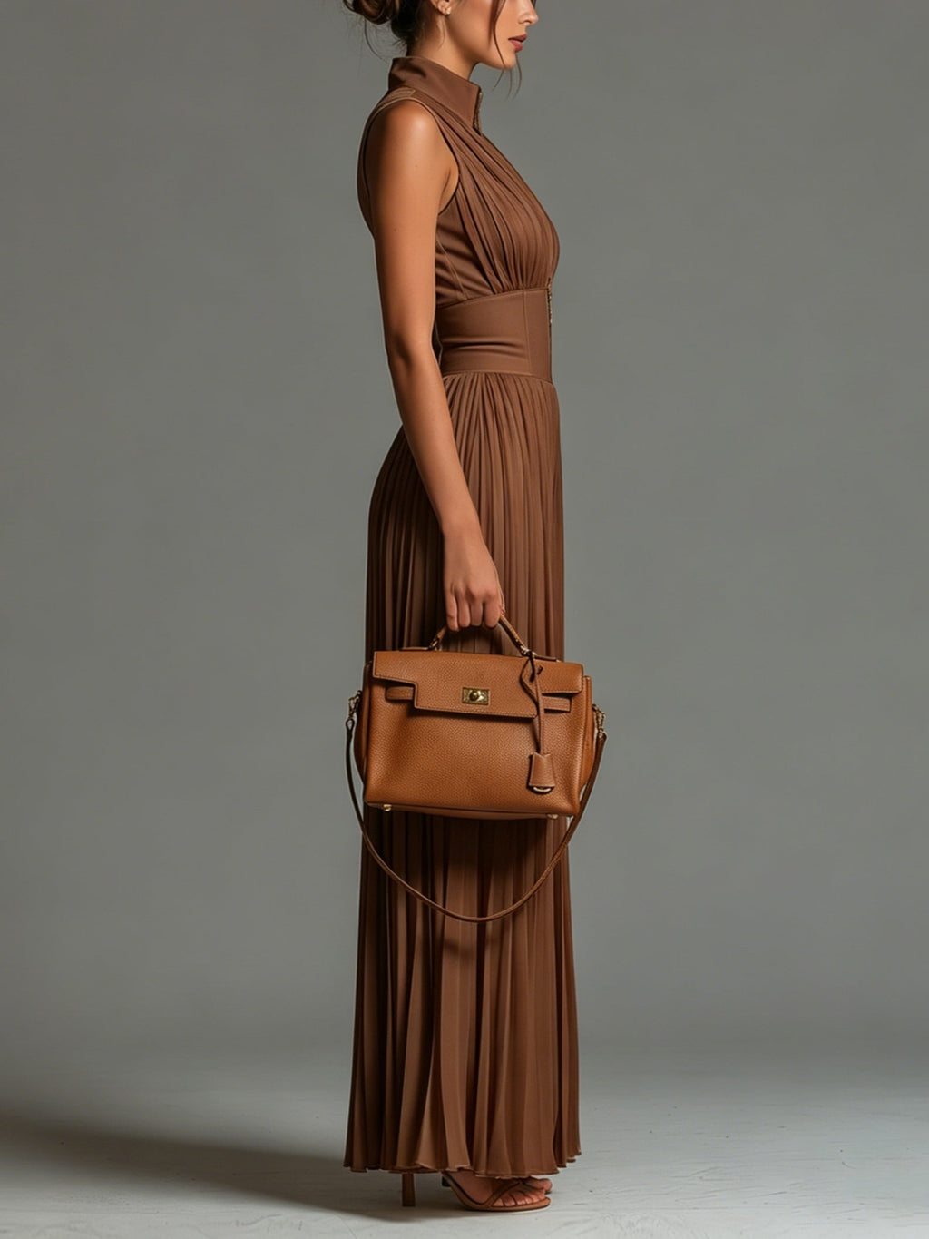 Zsófia Jumpsuit | Tuta aus plissiertem Chiffon in Karamellfarbe