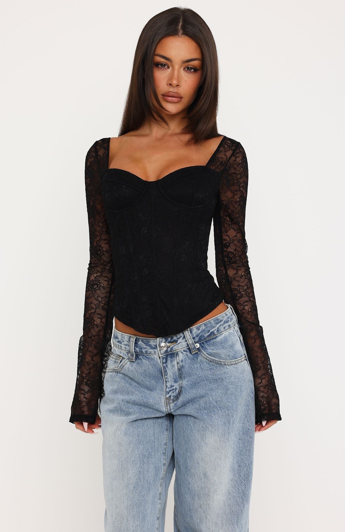 Bustier de Encaje de Manga Larga Midnight Rose Negro